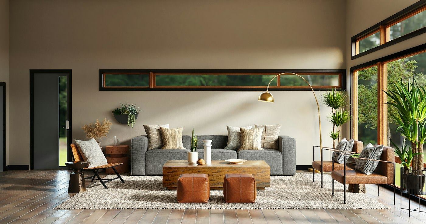 Sophisticated interior living room with curated furniture and warm lighting